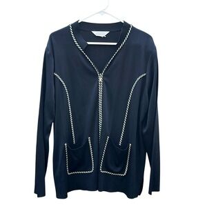 Exclusively Misook Women's Black Jacket Cardigan Sz Large Green Trim  Zip Front